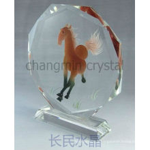 Trophée rond personnalisé de cristal avec l&#39;impression de cheval pour le souvenir d&#39;affaires